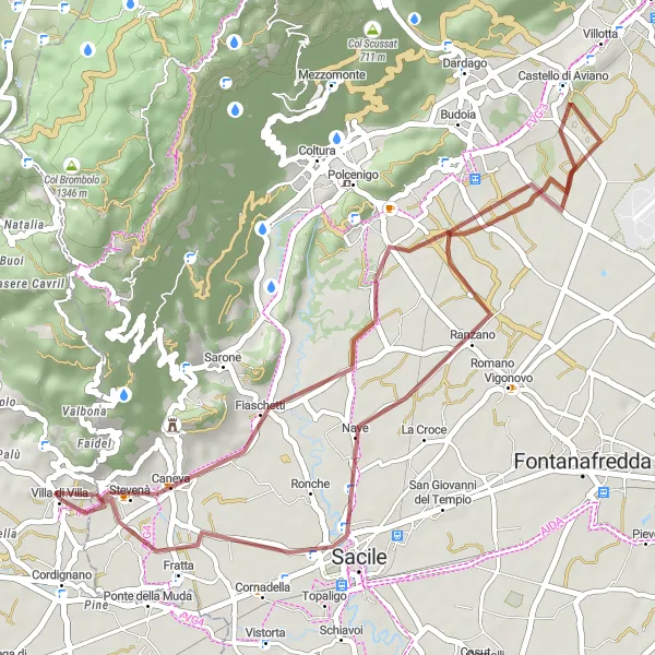 Miniatuurkaart van de fietsinspiratie "Gravelroute rond Sacile en Castelir" in Veneto, Italy. Gemaakt door de Tarmacs.app fietsrouteplanner