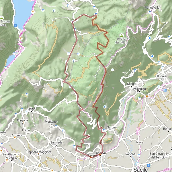 Miniaturní mapa "Gravelový okruh kolem Cordignana" inspirace pro cyklisty v oblasti Veneto, Italy. Vytvořeno pomocí plánovače tras Tarmacs.app