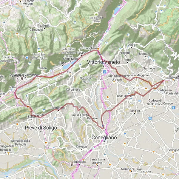 Miniaturní mapa "Gravelová cyklistická trasa kolem Colle Umberto" inspirace pro cyklisty v oblasti Veneto, Italy. Vytvořeno pomocí plánovače tras Tarmacs.app