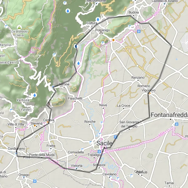 Mapa miniatúra "Cyklistická trasa okolo Cordignana" cyklistická inšpirácia v Veneto, Italy. Vygenerované cyklistickým plánovačom trás Tarmacs.app