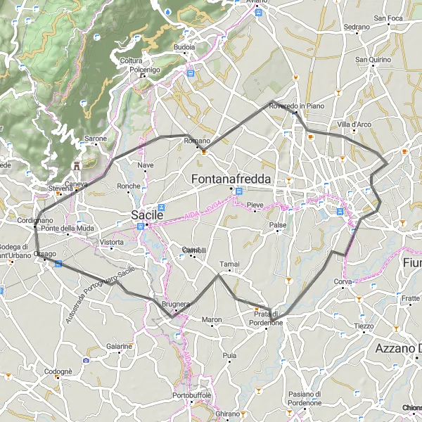 Miniature de la carte de l'inspiration cycliste "Parcours cyclable route Cordignano - Orsago" dans la Veneto, Italy. Générée par le planificateur d'itinéraire cycliste Tarmacs.app
