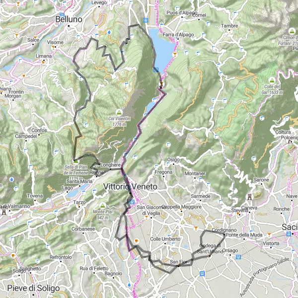 Kartminiatyr av "Utfordrende vei til Nevegal fra Cordignano" sykkelinspirasjon i Veneto, Italy. Generert av Tarmacs.app sykkelrutoplanlegger