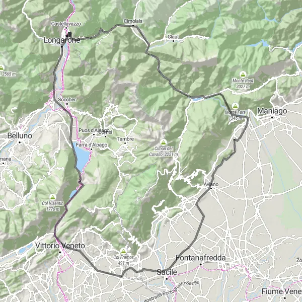 Karttaminiaatyyri "Mahtavat tienpyöräilyreitit Cordignanon ympäristössä" pyöräilyinspiraatiosta alueella Veneto, Italy. Luotu Tarmacs.app pyöräilyreittisuunnittelijalla