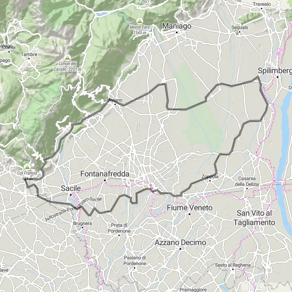Kartminiatyr av "Pordenone och Ponte della Muda Runtur" cykelinspiration i Veneto, Italy. Genererad av Tarmacs.app cykelruttplanerare