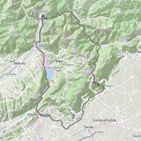 Miniatua del mapa de inspiración ciclista "Gran ruta en carretera a través de Vittorio Veneto y Piancavallo" en Veneto, Italy. Generado por Tarmacs.app planificador de rutas ciclistas