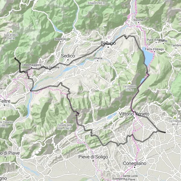 Kartminiatyr av "Högalpin rutt till Belluno" cykelinspiration i Veneto, Italy. Genererad av Tarmacs.app cykelruttplanerare