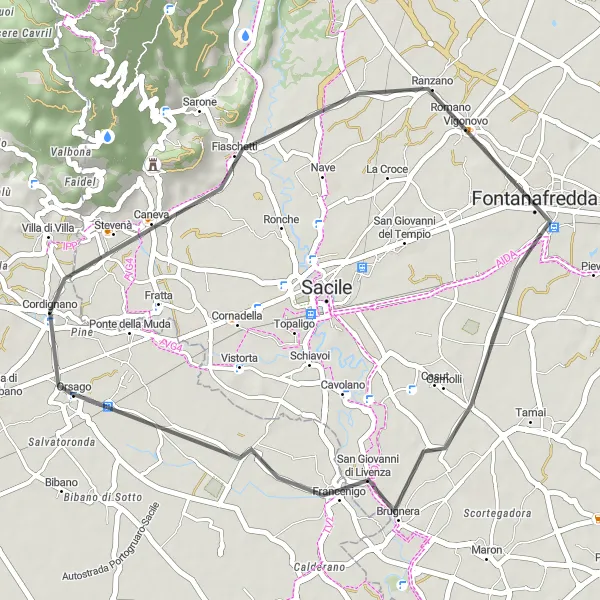 Kartminiatyr av "Cordignano Loop" cykelinspiration i Veneto, Italy. Genererad av Tarmacs.app cykelruttplanerare