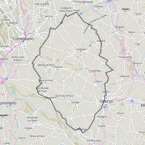 Miniaturní mapa "Okruh kolem Cordignana" inspirace pro cyklisty v oblasti Veneto, Italy. Vytvořeno pomocí plánovače tras Tarmacs.app