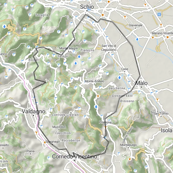 Miniatura della mappa di ispirazione al ciclismo "Tour in bicicletta di 39 km partendo da Cornedo Vicentino" nella regione di Veneto, Italy. Generata da Tarmacs.app, pianificatore di rotte ciclistiche