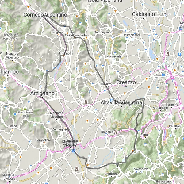 Mapa miniatúra "Road Cycling Tour Monte Rega" cyklistická inšpirácia v Veneto, Italy. Vygenerované cyklistickým plánovačom trás Tarmacs.app