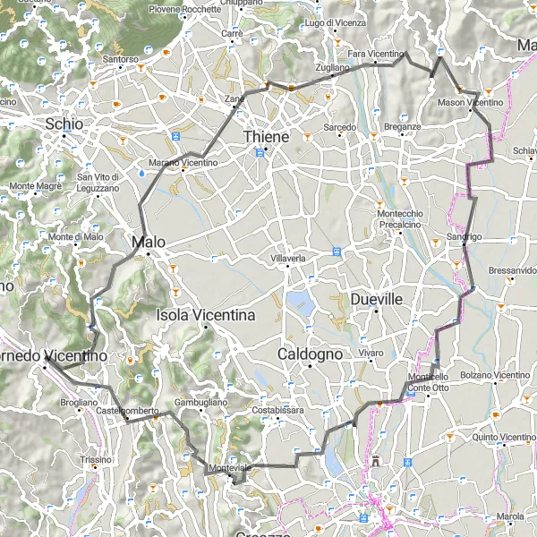 Karttaminiaatyyri "Monte Verlaldo - Cornedo Vicentino Road Cycling" pyöräilyinspiraatiosta alueella Veneto, Italy. Luotu Tarmacs.app pyöräilyreittisuunnittelijalla