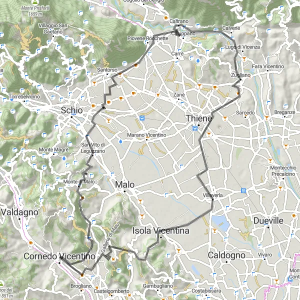 Miniature de la carte de l'inspiration cycliste "Tour de Monte Verlaldo et Santorso" dans la Veneto, Italy. Générée par le planificateur d'itinéraire cycliste Tarmacs.app