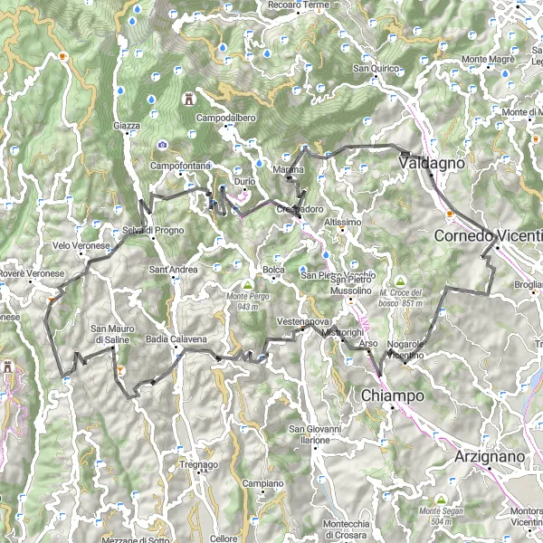 Miniatua del mapa de inspiración ciclista "Ruta a través de Cornedo Vicentino" en Veneto, Italy. Generado por Tarmacs.app planificador de rutas ciclistas