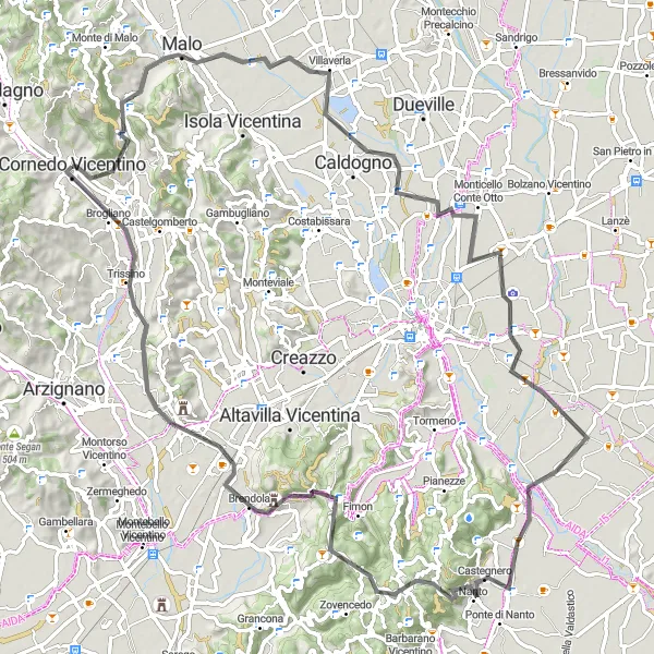 Miniaturní mapa "Cyklistická trasa kolem Corneda Vicentina" inspirace pro cyklisty v oblasti Veneto, Italy. Vytvořeno pomocí plánovače tras Tarmacs.app
