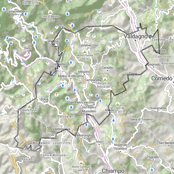 Miniatura mapy "Trasa rowerowa przez Sette Roccoli i Castellaro" - trasy rowerowej w Veneto, Italy. Wygenerowane przez planer tras rowerowych Tarmacs.app