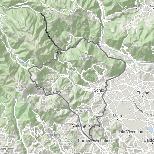 Miniatura della mappa di ispirazione al ciclismo "Tour ciclistico di 125 km con partenza da Cornedo Vicentino" nella regione di Veneto, Italy. Generata da Tarmacs.app, pianificatore di rotte ciclistiche