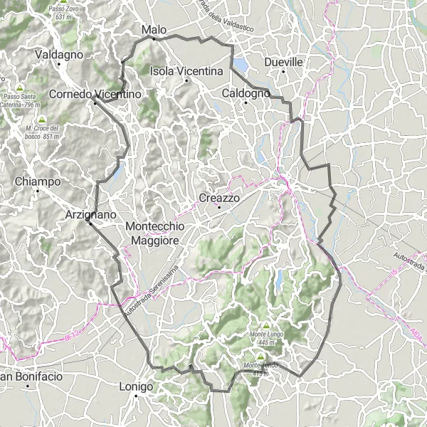 Miniatura della mappa di ispirazione al ciclismo "Giro in bicicletta da Cornedo Vicentino al Monte della Pena" nella regione di Veneto, Italy. Generata da Tarmacs.app, pianificatore di rotte ciclistiche