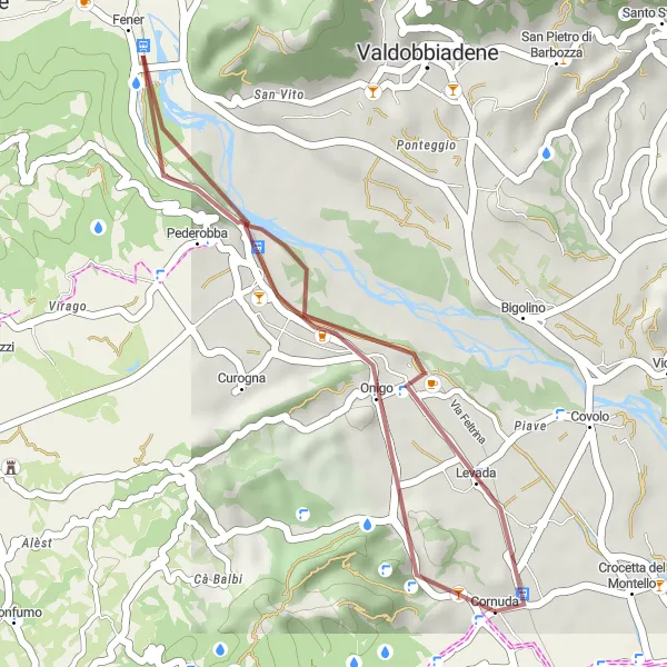 Miniatura della mappa di ispirazione al ciclismo "Breve itinerario gravel da Cornuda passando per Monte Palazzo e Pederobba" nella regione di Veneto, Italy. Generata da Tarmacs.app, pianificatore di rotte ciclistiche