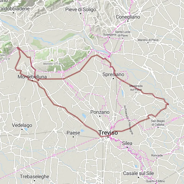 Mapa miniatúra "Gravelová cyklistická trasa cez Montebellunu a Treviso" cyklistická inšpirácia v Veneto, Italy. Vygenerované cyklistickým plánovačom trás Tarmacs.app