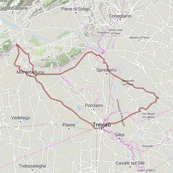 Miniatura della mappa di ispirazione al ciclismo "Avventurosa pedalata gravel da Cornuda attraverso Montebelluna e Treviso" nella regione di Veneto, Italy. Generata da Tarmacs.app, pianificatore di rotte ciclistiche