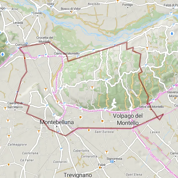 Miniatura della mappa di ispirazione al ciclismo "Esplorazione in bicicletta di Montello e Surroundings" nella regione di Veneto, Italy. Generata da Tarmacs.app, pianificatore di rotte ciclistiche