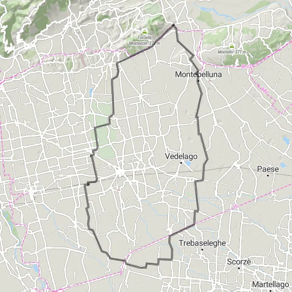 Miniatura della mappa di ispirazione al ciclismo "Giro panoramico in bicicletta da Cornuda attraverso Montebelluna e Camposampiero" nella regione di Veneto, Italy. Generata da Tarmacs.app, pianificatore di rotte ciclistiche