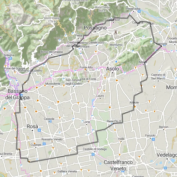 Mapa miniatúra "Cyklotrasa pre milovníkov ciest s výstupom na 453 metrov za 78 kilometrov" cyklistická inšpirácia v Veneto, Italy. Vygenerované cyklistickým plánovačom trás Tarmacs.app