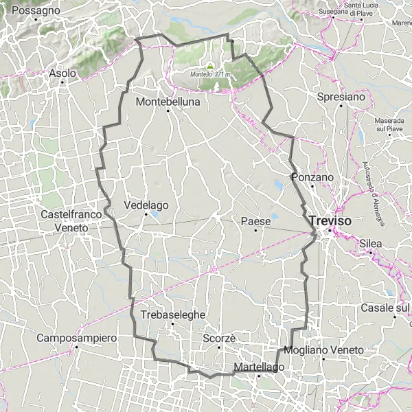 Mapa miniatúra "Cyklistická trasa okolo Cornudy" cyklistická inšpirácia v Veneto, Italy. Vygenerované cyklistickým plánovačom trás Tarmacs.app