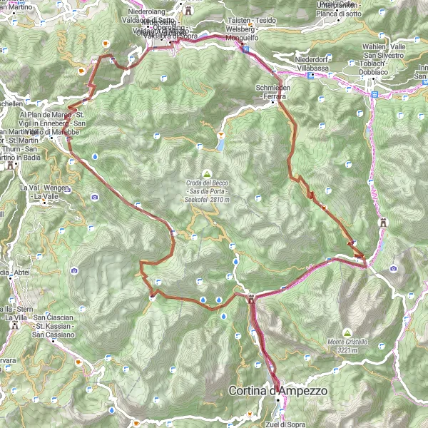 Miniatua del mapa de inspiración ciclista "Desafío en Grava cerca de Cortina d'Ampezzo" en Veneto, Italy. Generado por Tarmacs.app planificador de rutas ciclistas