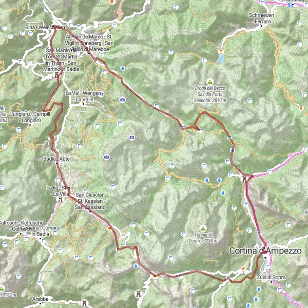 Karttaminiaatyyri "Seikkailullinen soratiekiertue Cortina d'Ampezzon lähellä" pyöräilyinspiraatiosta alueella Veneto, Italy. Luotu Tarmacs.app pyöräilyreittisuunnittelijalla