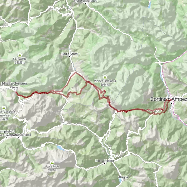 Mapa miniatúra "Gravelová cyklistická trasa z Cortiny d'Ampezzo" cyklistická inšpirácia v Veneto, Italy. Vygenerované cyklistickým plánovačom trás Tarmacs.app