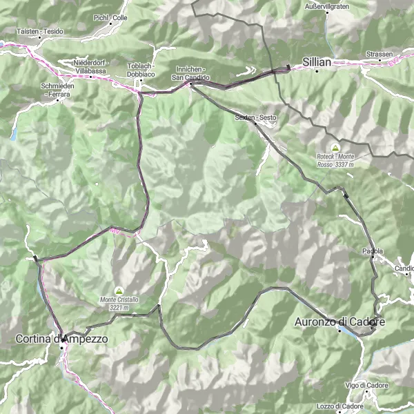 Mapa miniatúra "Cyklotrasa cez Dolomity" cyklistická inšpirácia v Veneto, Italy. Vygenerované cyklistickým plánovačom trás Tarmacs.app