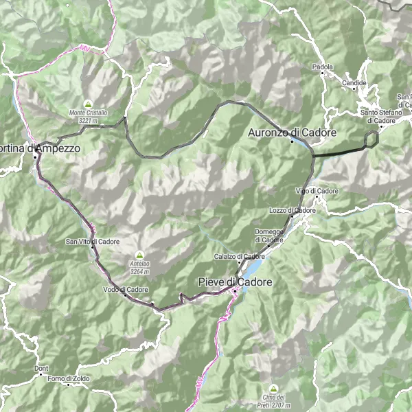 Map miniature of "Dolomite Road Cycling Challenge" cycling inspiration in Veneto, Italy. Generated by Tarmacs.app cycling route planner