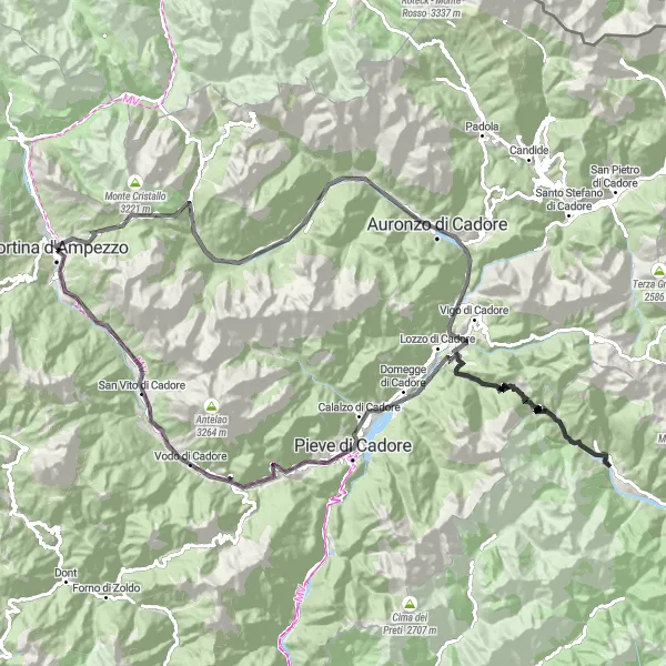 Kartminiatyr av "Scenic road to Lozzo di Cadore" cykelinspiration i Veneto, Italy. Genererad av Tarmacs.app cykelruttplanerare