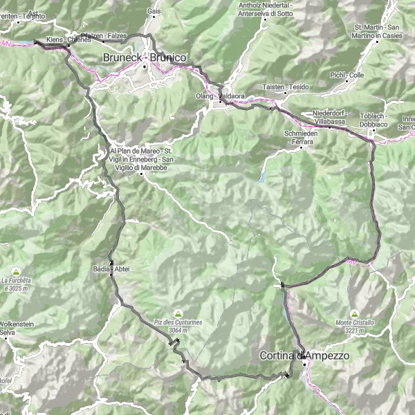 Zemljevid v pomanjšavi "Cestna kolesarska pot okoli Cortine d'Ampezzo" kolesarske inspiracije v Veneto, Italy. Generirano z načrtovalcem kolesarskih poti Tarmacs.app