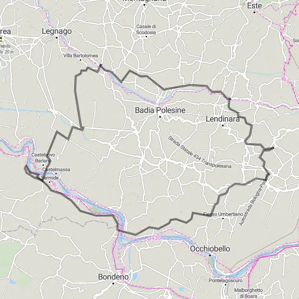 Zemljevid v pomanjšavi "Krožna cestna pot Costa di Rovigo - Villanova del Ghebbo" kolesarske inspiracije v Veneto, Italy. Generirano z načrtovalcem kolesarskih poti Tarmacs.app