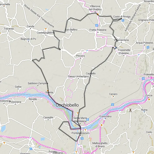 Kartminiatyr av "Oppdag Occhiobello og Villamarzana" sykkelinspirasjon i Veneto, Italy. Generert av Tarmacs.app sykkelrutoplanlegger