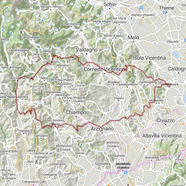 Zemljevid v pomanjšavi "Gravel Cycling from Costabissara to Torreselle" kolesarske inspiracije v Veneto, Italy. Generirano z načrtovalcem kolesarskih poti Tarmacs.app