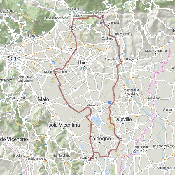 Miniatura della mappa di ispirazione al ciclismo "Esplorazione in Gravel da Costabissara a Lugo di Vicenza" nella regione di Veneto, Italy. Generata da Tarmacs.app, pianificatore di rotte ciclistiche