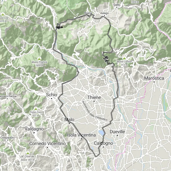 Mapa miniatúra "Kolesárska trasa okolo Costabissary" cyklistická inšpirácia v Veneto, Italy. Vygenerované cyklistickým plánovačom trás Tarmacs.app