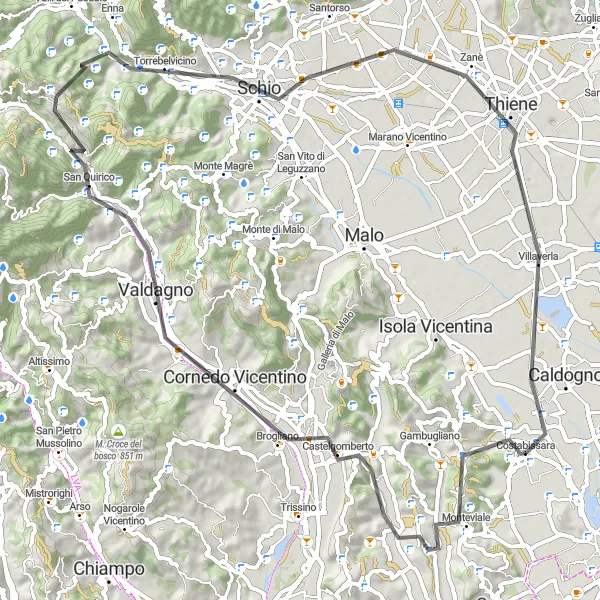 Kartminiatyr av "Costabissara til Schio Road Cycling Route" sykkelinspirasjon i Veneto, Italy. Generert av Tarmacs.app sykkelrutoplanlegger