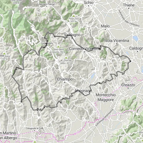 Map miniature of "Epic Cycling Adventure from Costabissara to Monte Naute" cycling inspiration in Veneto, Italy. Generated by Tarmacs.app cycling route planner