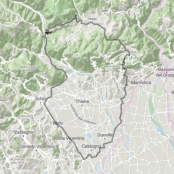 Zemljevid v pomanjšavi "Kolesarska pot okoli Vicentine" kolesarske inspiracije v Veneto, Italy. Generirano z načrtovalcem kolesarskih poti Tarmacs.app