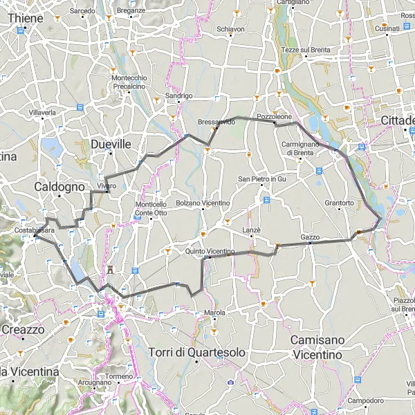 Kartminiatyr av "Vägar genom Vicenza" cykelinspiration i Veneto, Italy. Genererad av Tarmacs.app cykelruttplanerare