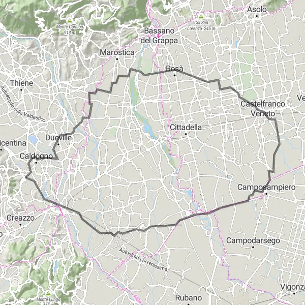 Karttaminiaatyyri "Vicenza Surroundings Road Cycling Route" pyöräilyinspiraatiosta alueella Veneto, Italy. Luotu Tarmacs.app pyöräilyreittisuunnittelijalla