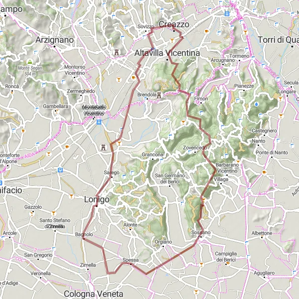 Miniatura della mappa di ispirazione al ciclismo "Percorso gravel da Creazzo a Sovizzo" nella regione di Veneto, Italy. Generata da Tarmacs.app, pianificatore di rotte ciclistiche