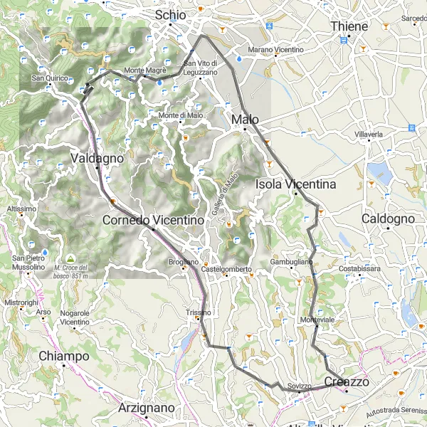 Miniatura mapy "Trasa rowerowa: Creazzo - Monte Bregonza" - trasy rowerowej w Veneto, Italy. Wygenerowane przez planer tras rowerowych Tarmacs.app