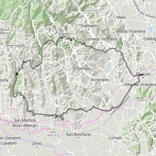Miniatuurkaart van de fietsinspiratie "Uitdagende fietsroute door Passo dello Spin del Poiero naar Montebello Vicentino" in Veneto, Italy. Gemaakt door de Tarmacs.app fietsrouteplanner