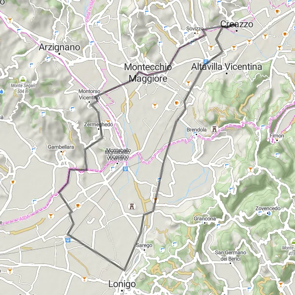 Kartminiatyr av "Utholdende sykkeltur gjennom Lonigo og Sovizzo" sykkelinspirasjon i Veneto, Italy. Generert av Tarmacs.app sykkelrutoplanlegger