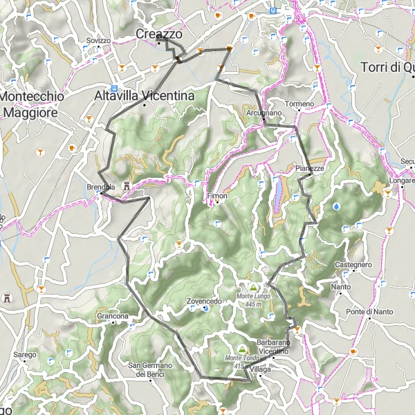 Miniatura della mappa di ispirazione al ciclismo "Giro in bici da Creazzo a Brendola" nella regione di Veneto, Italy. Generata da Tarmacs.app, pianificatore di rotte ciclistiche